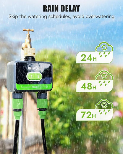 RAINPOINT Bluetooth Water Timer for Garden Hose, Smart Hose Timer 2 Outlet(Not Hub), Wireless Sprinkler Watering Timer with Rain Delay, Automatic Irrigation System for Lawns and Yard