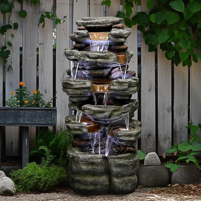 SunJet 47.2" High 6-Tiers Cascading Rock Outdoor Water Fountain with LED Lights - Large Outdoor Fountains and Waterfalls for Garden or Patio, Yard, and Deck Decor, Featuring Natural Stone Look