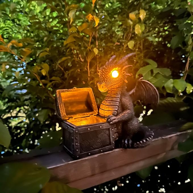 Garden Dragon Statue Solar Powered Outdoor Figurine Light Decor Cute and Hold Glowing Treasure Chest Resin Sculpture Home Decoration for Porch Patio Lawn Farm Yard Housewarming Ornament Gift