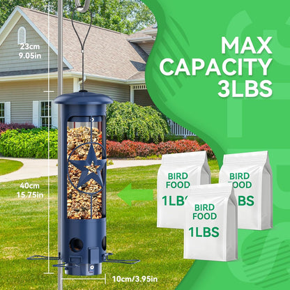 Squirrel Proof Bird Feeders for Outdoors Hanging, Metal Squirrel Proof Bird Feeder with Gravity Protection, 3LB Large Capacity Wild Bird Feeders for Outside Finch, Cardinal, Blue Jay (Blue)