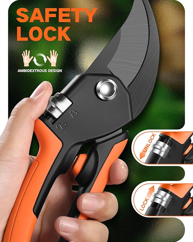 8.5" Pruning Shears for Gardening, 【Unique Stepless Handle Opening】Professional Bypass Garden Clipper, Heavy Duty Plant Pruners for Branch 【SK5 Steel Blades】【Built-in Spring】【All Hand Sizes】
