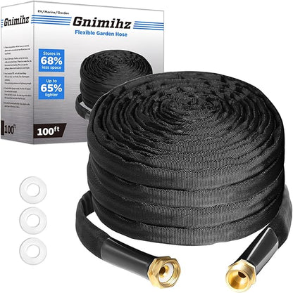Garden Hose 100ft, Made of TPE(Not PVC), Ultra-Light & Flexible Water Hose with Solid Brass Fittings, Non-Shrinking, Easy to Storage, Drinking Water Safe Material, All-weather, Black, Newbox