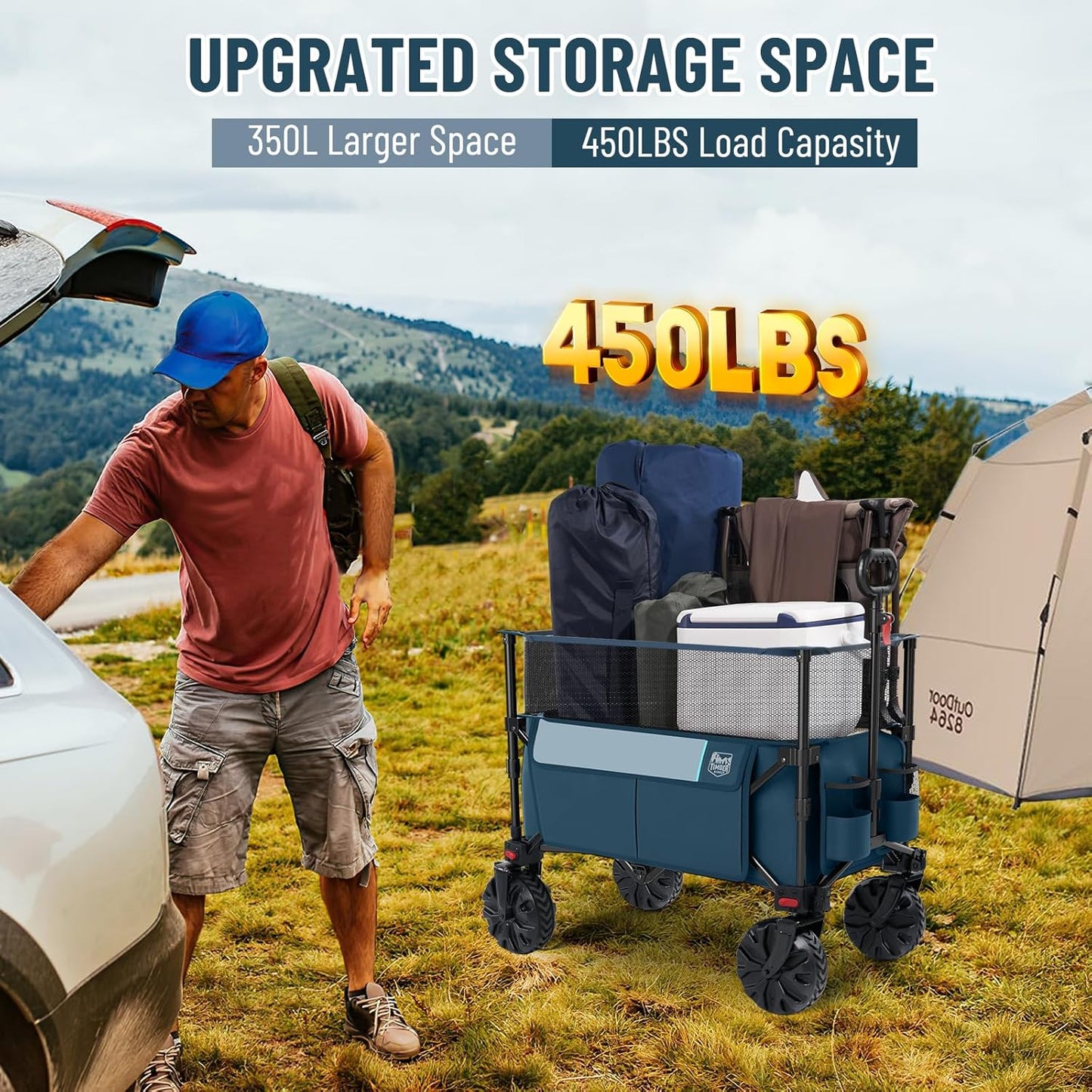 TIMBER RIDGE Foldable Wagon 350L Extendable Height, Large Capasity Collapsible Wagon Cart with All Terrians Detachable Wheels, Compact Folding Utility Wagon for Camping, Fishing, Shopping Navy