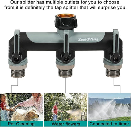 Full Flow Heavy Duty 3 Way Hose Splitter, Rugged Garden Faucet Adapter, Spout Diverter T - Way Adapter with Extended Handle, 3/4” GHT Thread, Grey