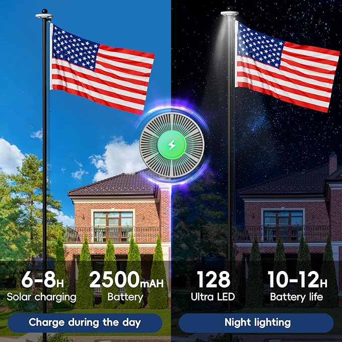 20FT Flag Pole with Solar Light 11 Gauge Aluminum Heavy Duty Flag Pole Kit 100MPH Wind Tested, Includes 2PCS 3x5 Embroidered Stars US Flag for Outdoor Use