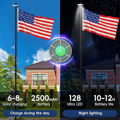 20FT Flag Pole with Solar Light 11 Gauge Aluminum Heavy Duty Flag Pole Kit 100MPH Wind Tested, Includes 2PCS 3x5 Embroidered Stars US Flag for Outdoor Use