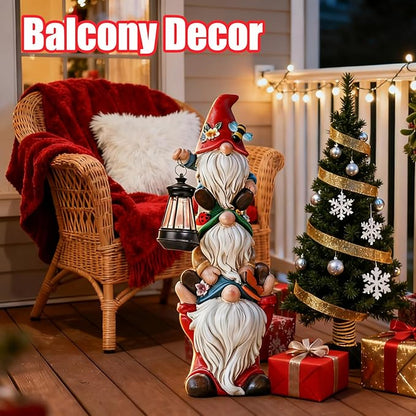 Christmas Garden Gnome Statue with Solar Lights Garden Sculptures Funny Triple Gnome Outdoor Patio Lawn Yard Balcony Home Decor Birthday Gifts for Women Mom Grandma 12 in Thanksgiving Gnome