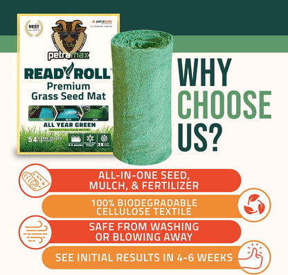PetraMax ReadyRoll Biodegradable Grass Seed Mats for Lawns - Roll Out Mat with Tall Fescue & Kentucky Blue Grass Seeds for Lawn - Great Patch Repair, New Lawn or Erosion Control (Kentucky, 216 Sq Ft)