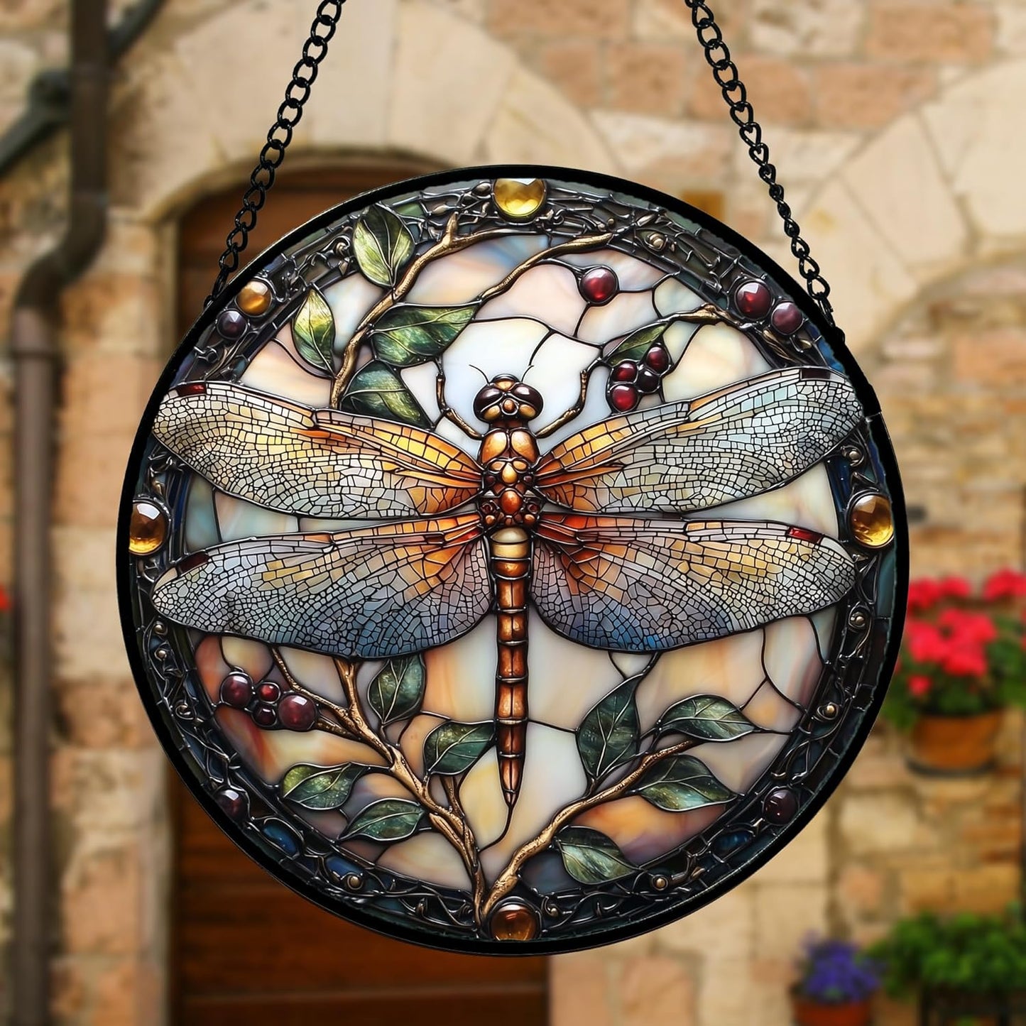 Stained Glass Window Hanging - Dragonfly Plant Suncatcher Ready to Hang Window Doors Home Decoration, Christmas, Mother's Day Birthday Gifts for Women, Men, and Mom11.8x11.8 in