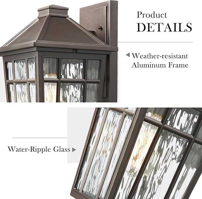Darkaway Large Outdoor Sconce Lights Wall Light Fixtures,14inch Exterior Porch Light Outdoor Sconce Anti-Rust Outside Light with Water Ripple Glass for Patio Yard Garage, 2 Pack