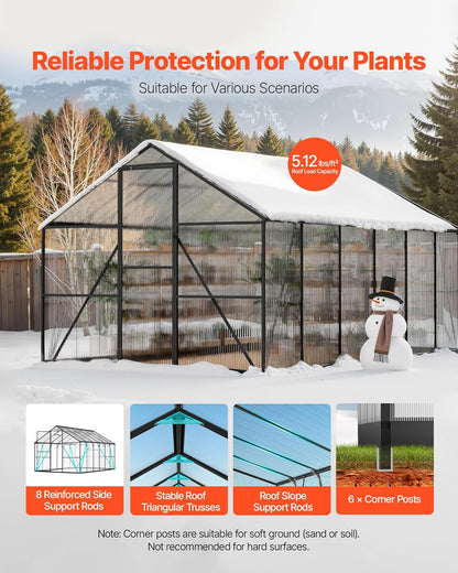 VEVOR 8 x 14 FT Polycarbonate Greenhouse, Heavy Duty Outdoor Green House with Adjustable Vent & Push-Pull Lockable Door, Quick Setup, Aluminum Frame Walk-in Greenhouse Sunroom for Outside Garden Lawn