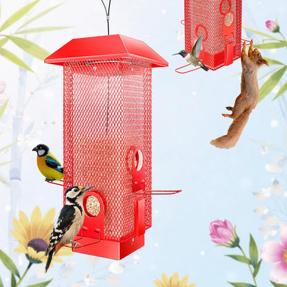 Squirrel Proof Bird Feeder, 2.5LB Metal Wild Bird Feeder with Weight-Activated Spring, Heavy-Duty Outdoor Hanging Birdfeeders for Cardinals, Blue Jays, Finches (Red)