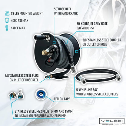 MTM Hydro Pressure Washer Hose Reel Kit, Metal Heavy-Duty Hand Crank Wall Mounted, Commercial Grade with Kobrajet Non-Marking Gray Hose High Pressure 3/8” 4000 PSI 50’ Commercial Grade