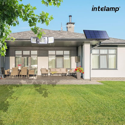 intelamp Solar Flood Lights Outdoor Waterproof, 2 Pack 6000mAh 1200LM Solar Powered Dual Motion Sensor LED Lighting Dusk to Dawn Security Floodlight Exterior with Remote 9.8ft Cable for Garden House