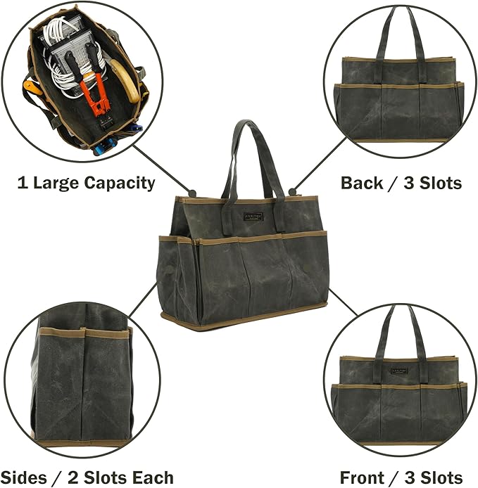 Tool Tote Bag, Heavy Duty 16oz Waxed Canvas Garden Tool Bag | Portable 11-Pocket Tool Storage Bag for Gardener Electrician Contractor Repairman (14"L x 5.5"W x 10.5"H) – Army Green