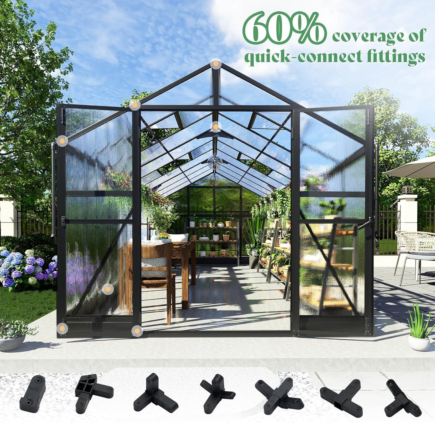 AMERLIFE 8x18x7FT Polycarbonate Greenhouse, Walk in Greenhouse with Quick-Connect System, Green House with 4 Windows and Swing Lockable Door, Greenhouses for Outdoors, Sunroom Black