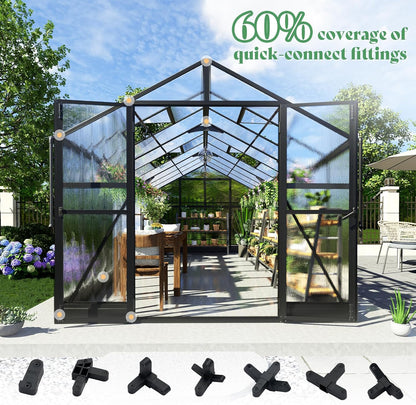 AMERLIFE 8x18x7FT Polycarbonate Greenhouse, Walk in Greenhouse with Quick-Connect System, Green House with 4 Windows and Swing Lockable Door, Greenhouses for Outdoors, Sunroom Black