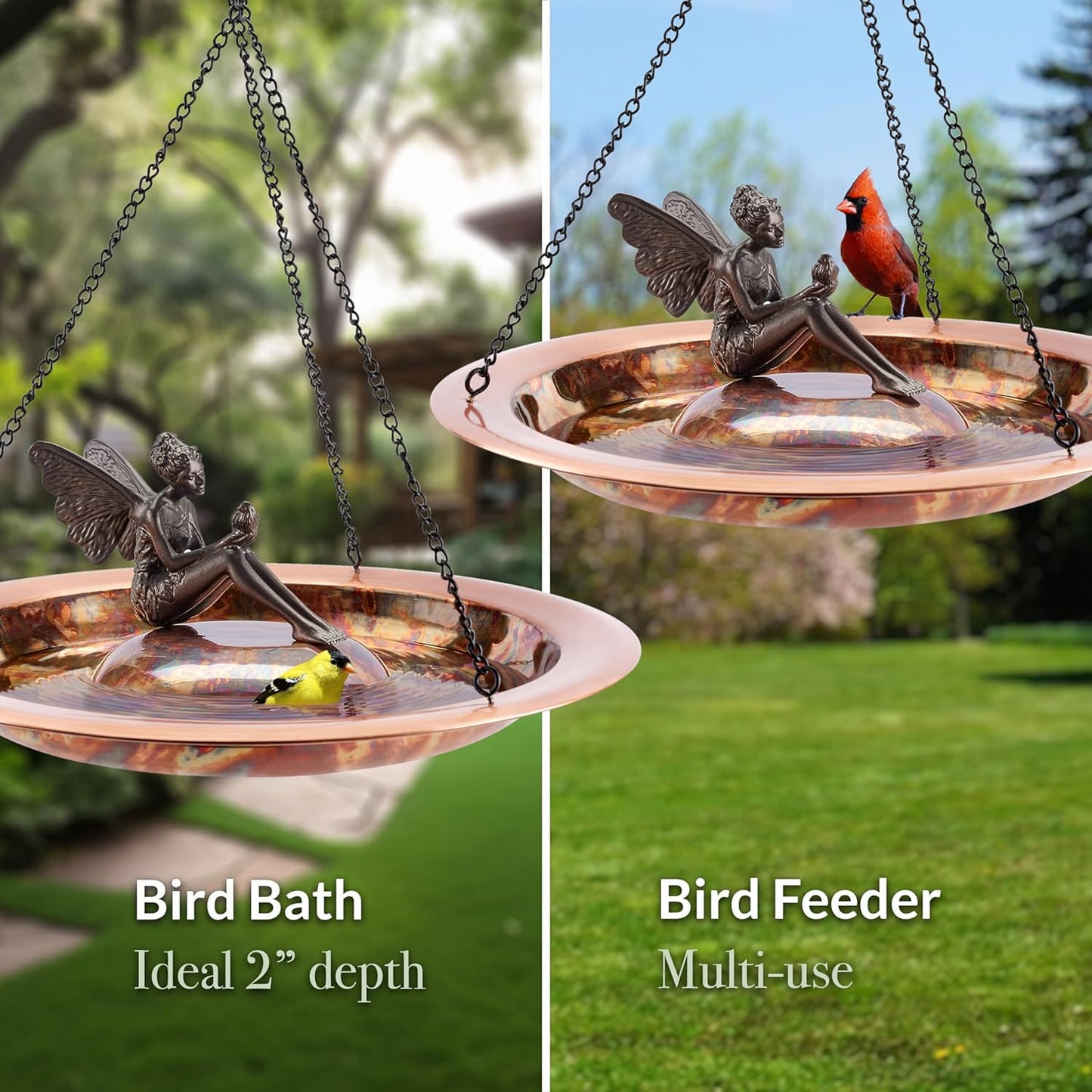Good Directions Hanging Fired Copper Bird Bath with Fairy for Outside Backyard, Outdoor, Patio, Garden, Birdbath Gift for Bird Lovers Watchers, Large 18" Copper