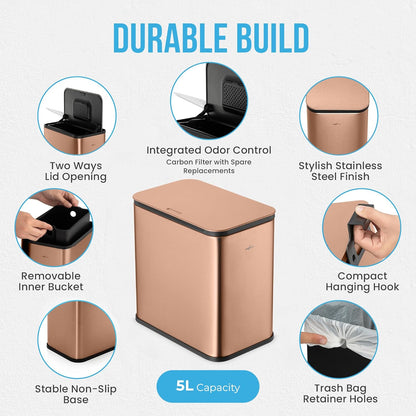 RedFactor Stainless Steel Hanging Trash Can with Lid and Inner Bucket – Slim 1.3 Gallon Odor-Free Compost Bin for Kitchen Cabinet, Countertop, Under Sink, or Bathroom (Copper)