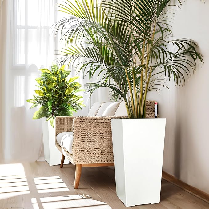 GarveeLife 22.5 in Tall Planters Set of 2, Outdoor＆Indoor Black Planter Pots, High Front Porch Planter Pots with Drainage Holes＆Water Level Monitor＆Inner Bucket, Automatic Watering, White