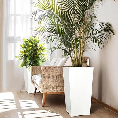 GarveeLife 22.5 in Tall Planters Set of 2, Outdoor＆Indoor Black Planter Pots, High Front Porch Planter Pots with Drainage Holes＆Water Level Monitor＆Inner Bucket, Automatic Watering, White