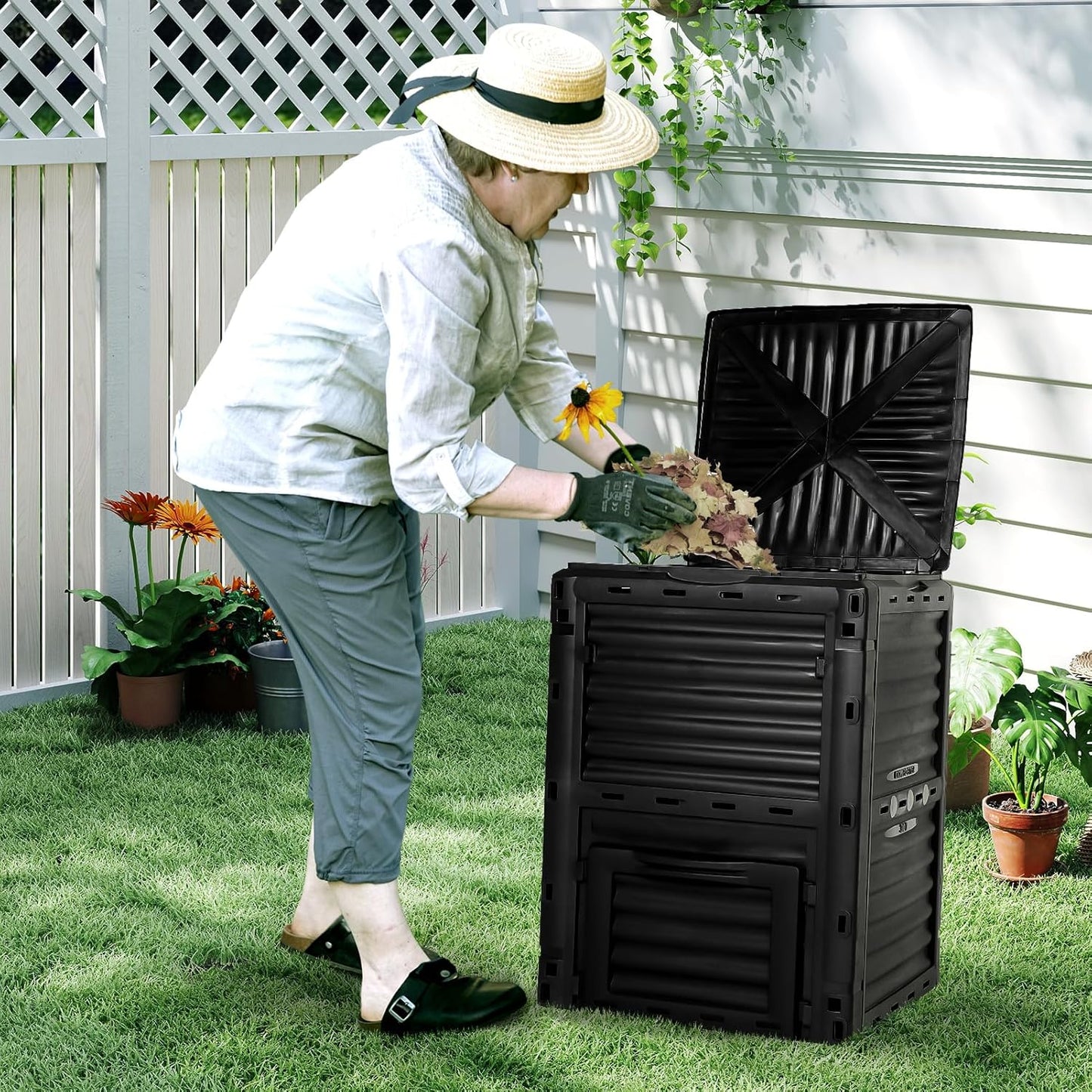 Compost Bin Outdoor 80 Gallon (300L) Large Compost Bin Composter with w/Top Flip Latch-on Lid BPA-Free Composter Barrel for Garden, Kitchen, and Yard Waste, Black, Easy Assembly