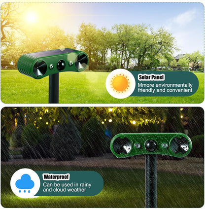Qualirey 4 Pack Solar Ultrasonic Animal Repellent Outdoor Waterproof Nocturnal Animal Deterrent with Adjustable Motion Sensor Alarm Flashing Light Repel Raccoon Cat Dog Fox Deer for Yard Garden Lawn