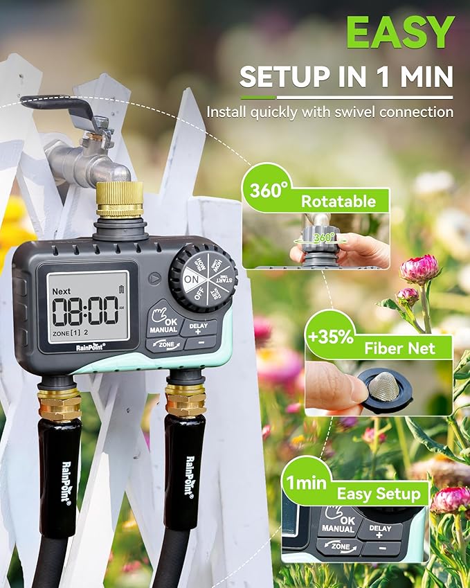 RAINPOINT 2 Zone Sprinkler Timer with Brass Inlet and Outlet - Water Timer for Garden Hose with Rain Delay/Manual Watering/Automatic Irrigation Controller System - Water Hose Timer for Yard Lawn