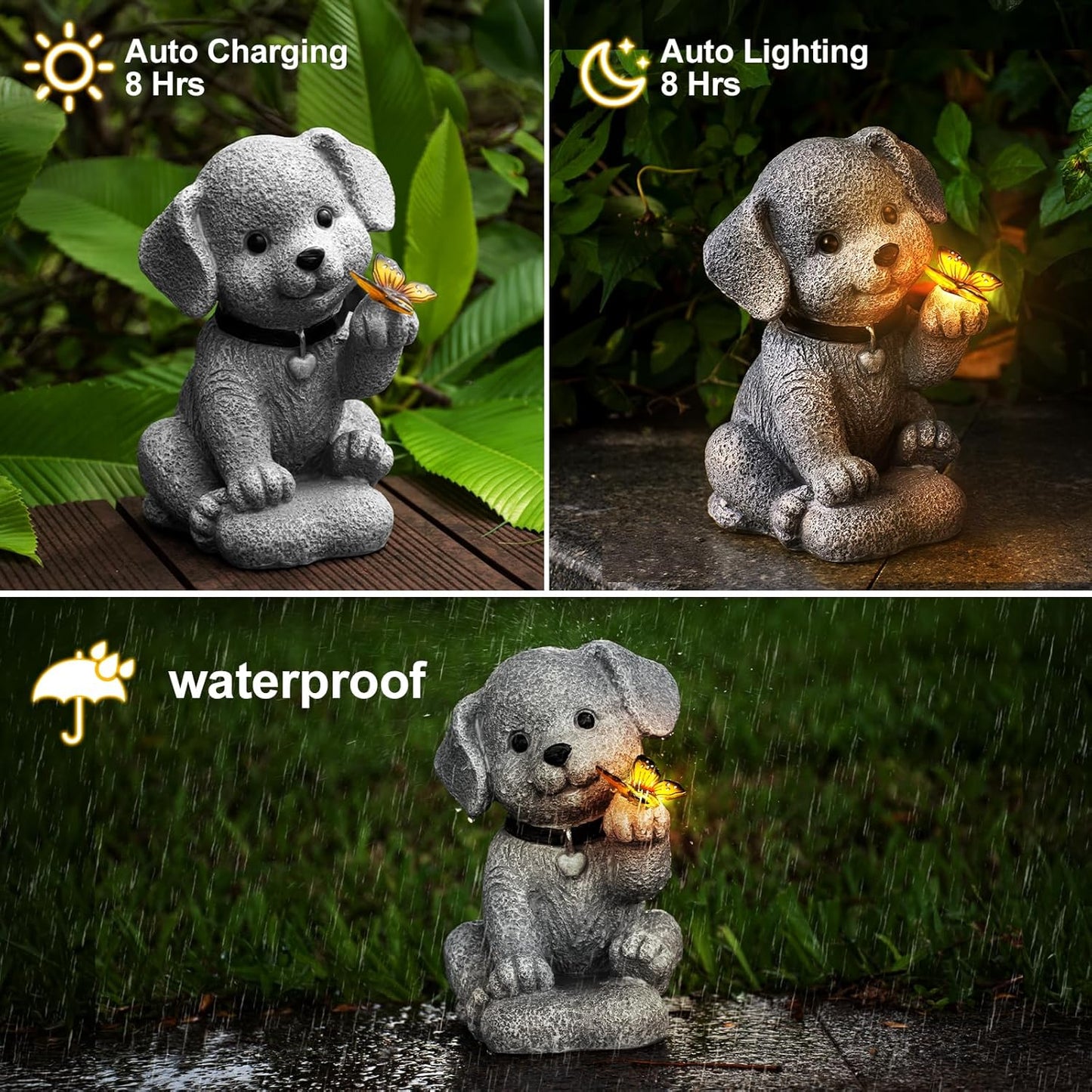 Solar Garden Statue Outdoor Decor,Dog Figurine with LED Lights,Birthdays Mother’s Day Housewarming Gift for Women, Mom, Grandma,Garden Gifts，Home Decoration with Butterfly