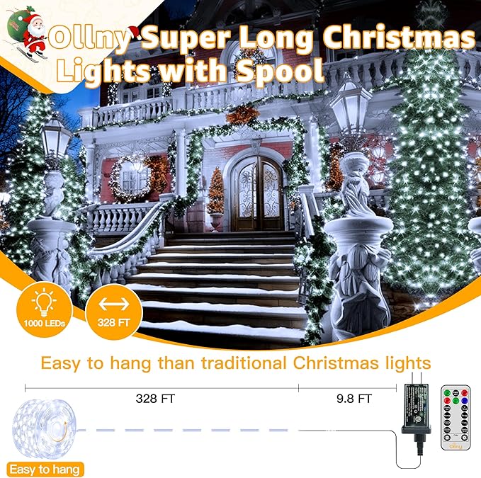 Ollny Outdoor Christmas Lights 1000LED 328FT, Cool White Fairy Lights IP67 Waterproof, Plug in String Light with Remote 8 Modes Timer, Xmas Light for Outside Indoor House Tree Decorations