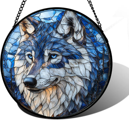 Stained Glass Window Hanging - Funny Wolf Suncatcher Ready to Hang Window Doors Home Decoration and Christmas, Mother's Day Birthday Gifts for Women, Men, and Mom 11.8x11.8 in