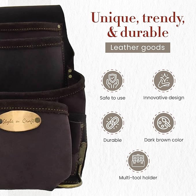 Style n Craft 10-Pocket Carpenter’s Nail & Tool Pouch, Heavy-Duty Leather Tool Pouch, Perfect and Durable Oiled Full-Grain Leather Pouch, Dark Brown (90926)