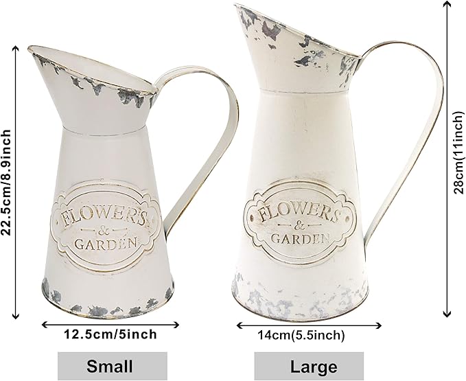 Soyizom Farmhouse White Metal Jugs for Shabby Chic Kitchen Decor, Tall Pitchers for Flowers, Rustic Bathroom Vases - Large, 11 H