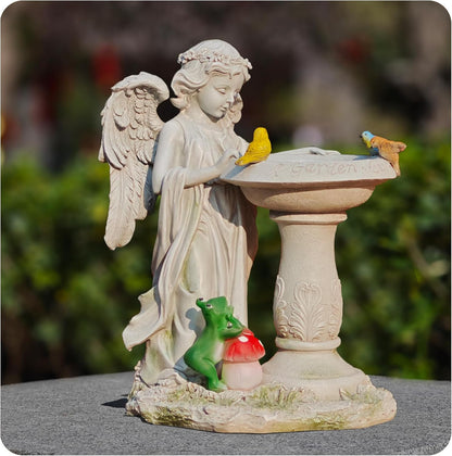 Solar Angel Garden Sculpture with Color - Changing Lights,Resin Garden Outdoor Decorations Figurine with Birds,Frog & Mushroom for Home,Yard,Patio,Balcony,Lawn - Unique Housewarming Gifts