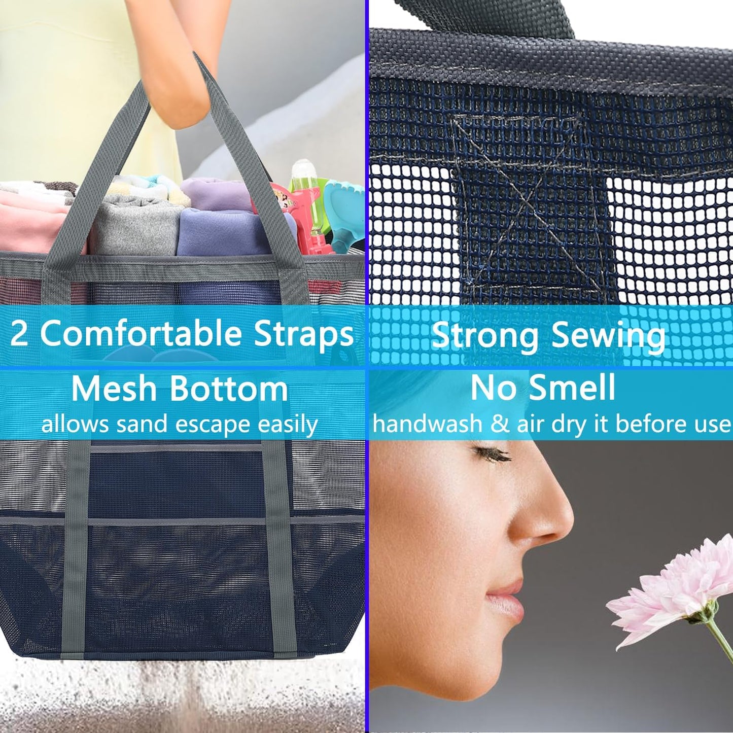 Mesh Beach Bag, Large Beach Tote with Zipper Pocket for Family Pool Bag for Toys & Vacation Essentials