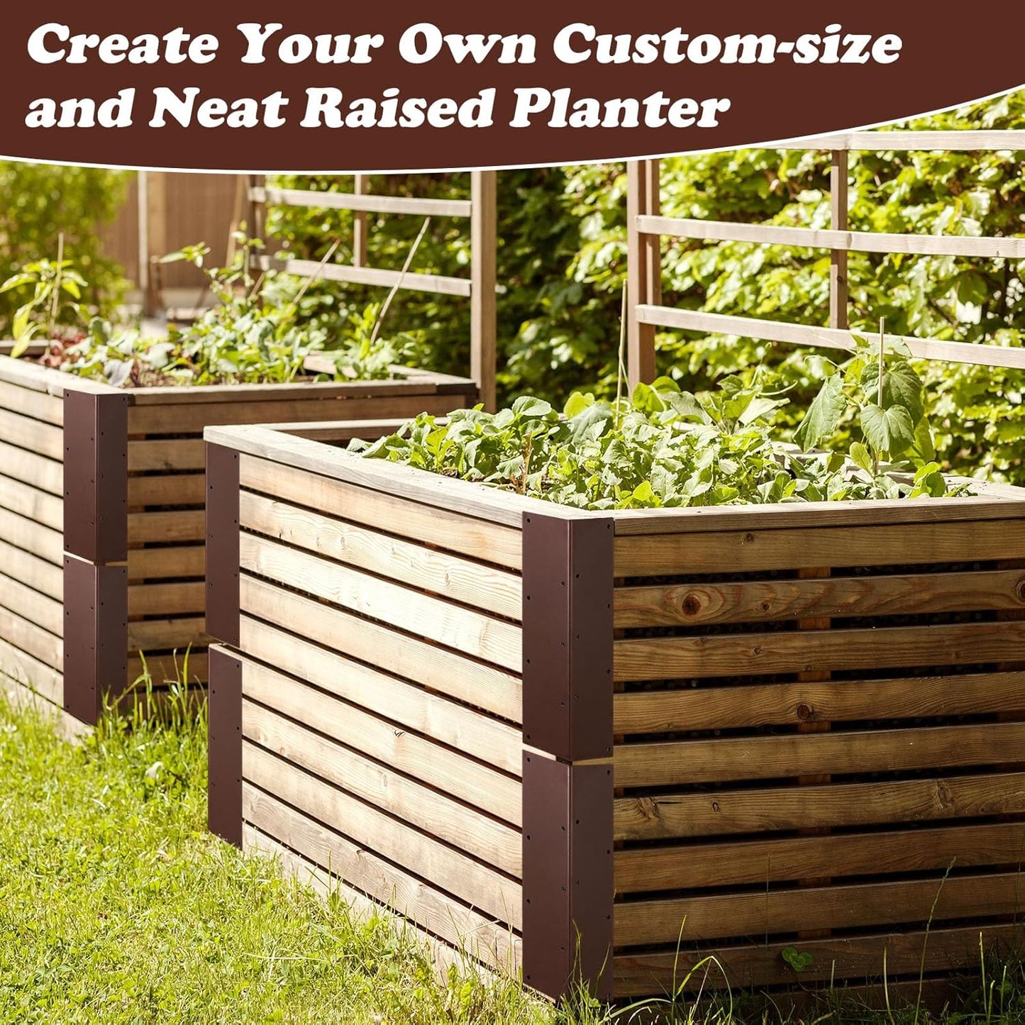 4 Packs Planter Raised Beds Corner Brackets 11 in Metal L Brackets with Screws Brown Angle Corner Bracket Connectors for Plants 11" x 3" x 3" for Wood Flower Box Angle Brace, Brown