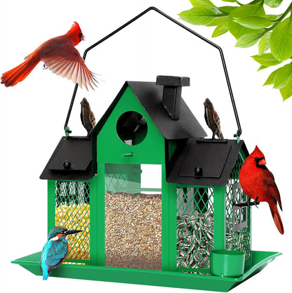 Solar Bird Feeders House for Outdoors Hanging, 7LBS Large Capacity Metal Wild Bird Feeder Squirrel Proof for Outside with Water Cup, Cardinal Birdfeeder Birdhouses Gift for Bird Lovers (Green)