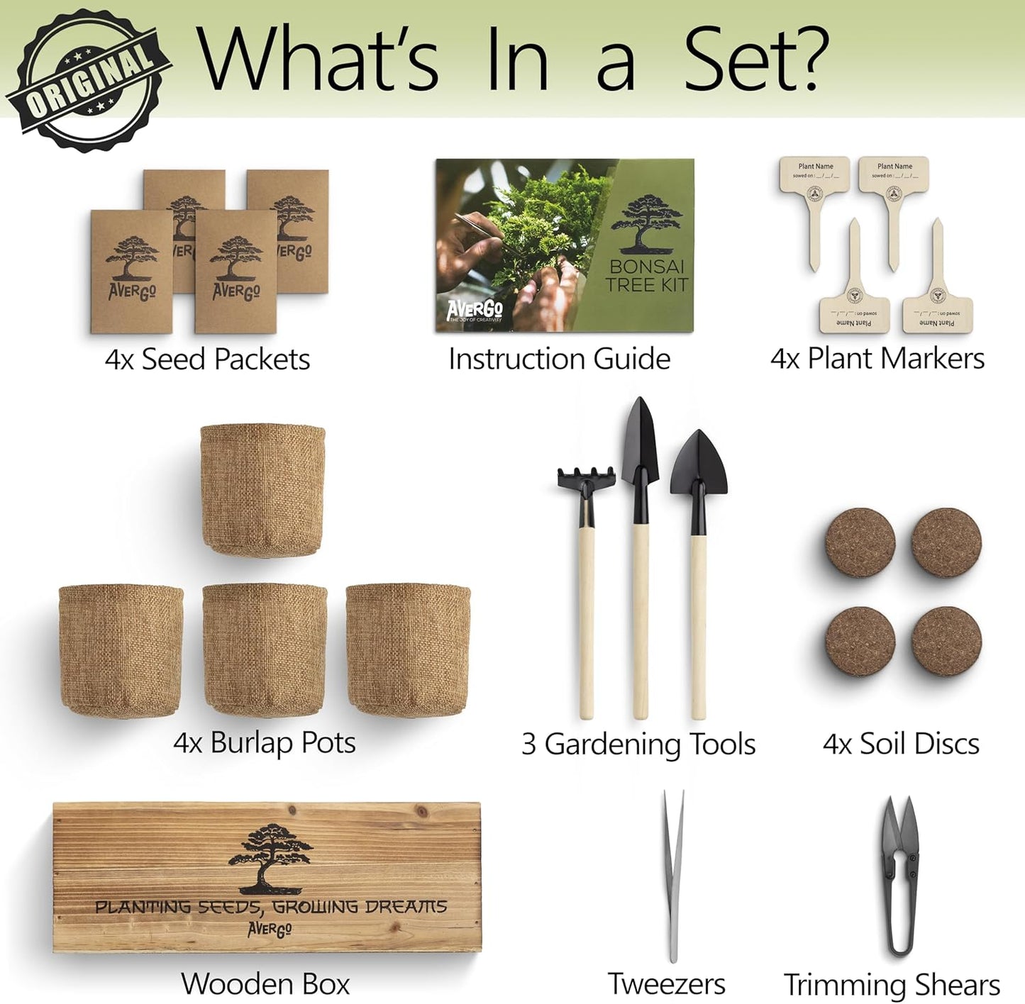 Avergo Bonsai Tree Kit – 4X Unique Japanese Bonzai Trees | Complete Indoor Starter Kit for Growing Bonsai Plants with Tools & Planters – Gardening Gifts for Women & Men