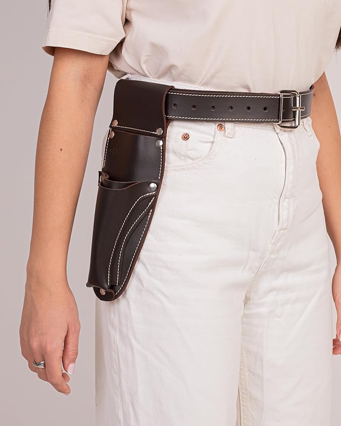 Hori Hori Leather Sheath Belt with Pruner and Scissor Pockets. Personalized Florist Tool Belt Leather, Gardening Belt with Pockets. (Dark Brown, One Size - Adjustable)
