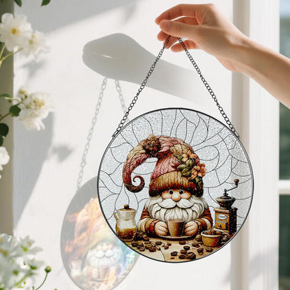 Stained Glass Window Hanging, Pauyadu Charming Gnome Sun Catchers, Stained Glass Suncatcher, Gnome Decor Gifts for Women, Mom, Grandma, Wife - 8 Inch
