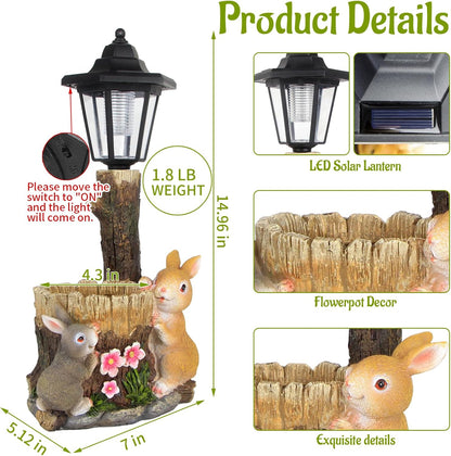 Solar Bunny Garden Stalue Outdoor, Rabbits Figurine Flowerpot Decolwith Solar Lantem for Yard Art Lawn Ornaments Porch Patio Balcony - Gardening Gifts for Women Mom
