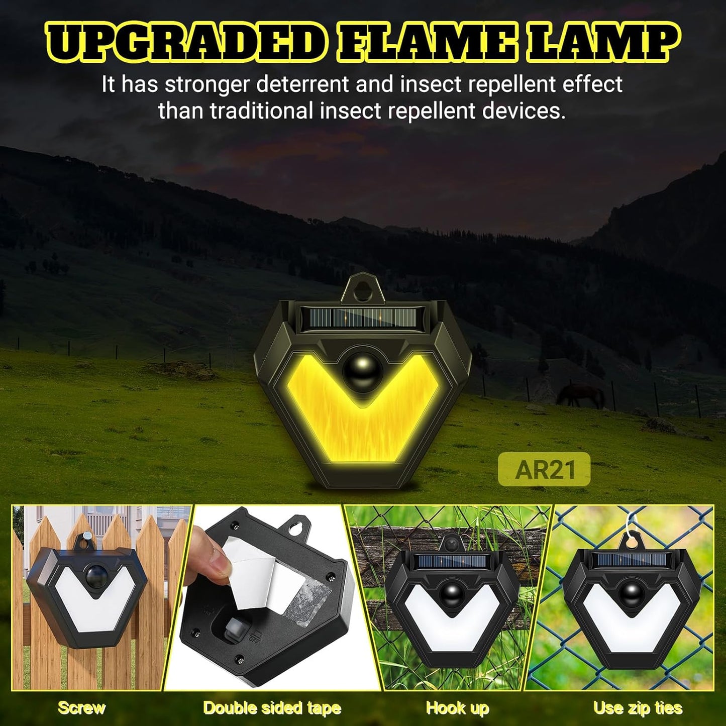 Qualirey 4 Pcs Upgraded Solar Nocturnal Animal Repeller Flickering Flame Outdoor Animal Repellent Motion Activated Coyote Deterrent Light for Skunk Deer Chicken Coop Farm Garden Yard(Orange Light)