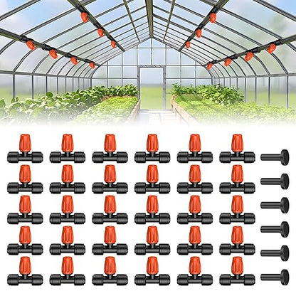 Pawfly 30 Pcs Push-to-Fit Drip Irrigation Spray Emitters for 1/4 Inch Tubing, Tee Misting Atomizing Nozzles Micro Sprayers with Adjustable 360 Degree Water Flow, Irrigation Drippers with End Plugs