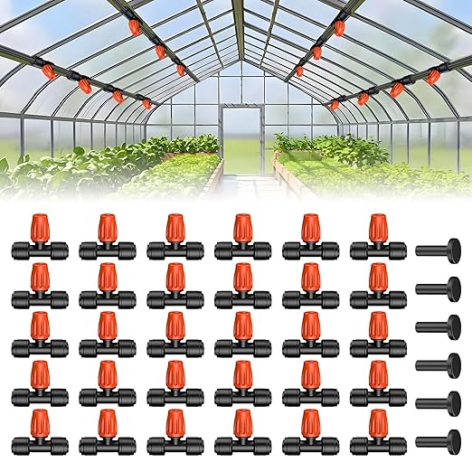 Pawfly 30 Pcs Push-to-Fit Drip Irrigation Spray Emitters for 1/4 Inch Tubing, Tee Misting Atomizing Nozzles Micro Sprayers with Adjustable 360 Degree Water Flow, Irrigation Drippers with End Plugs