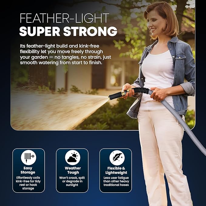 TITAN Flexible Garden Hose 100FT – Ultra Lightweight, Heavy Duty Water Hose with Brass Fittings & Jet Nozzle – Kink-Free, Non-Expanding, Durable Fabric Hose for Yard, Lawn, Car Wash, Outdoor Use