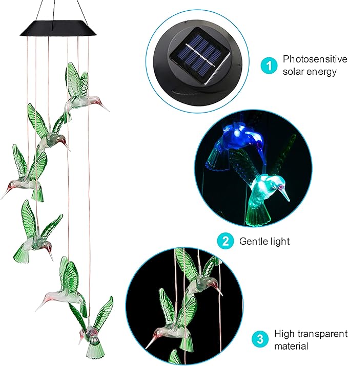 Solar Hummingbird Wind Chimes Outdoor Hanging -Waterproof Mobile Romantic Solar Powered Changing Color LED Wind Bells Light, Wind Chimes Gifts for Women, Home, Party, Festival, Night Garden Decoration
