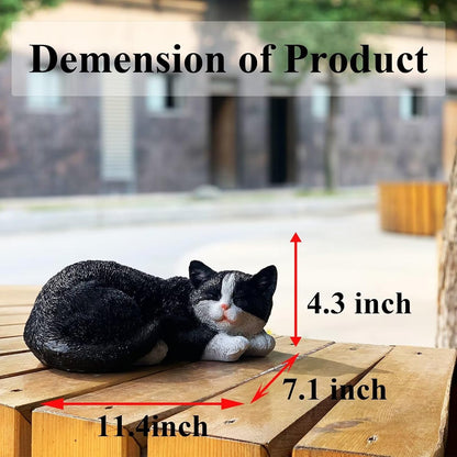 Sleeping Cat Statue Garden Decor, Outdoor Cat Sculpture & Figurine Lawn Ornament, Black & White Tabby Statue for Patio, Lawn, Yard Decorative, Cute Kitten Memorial Grave Accessory