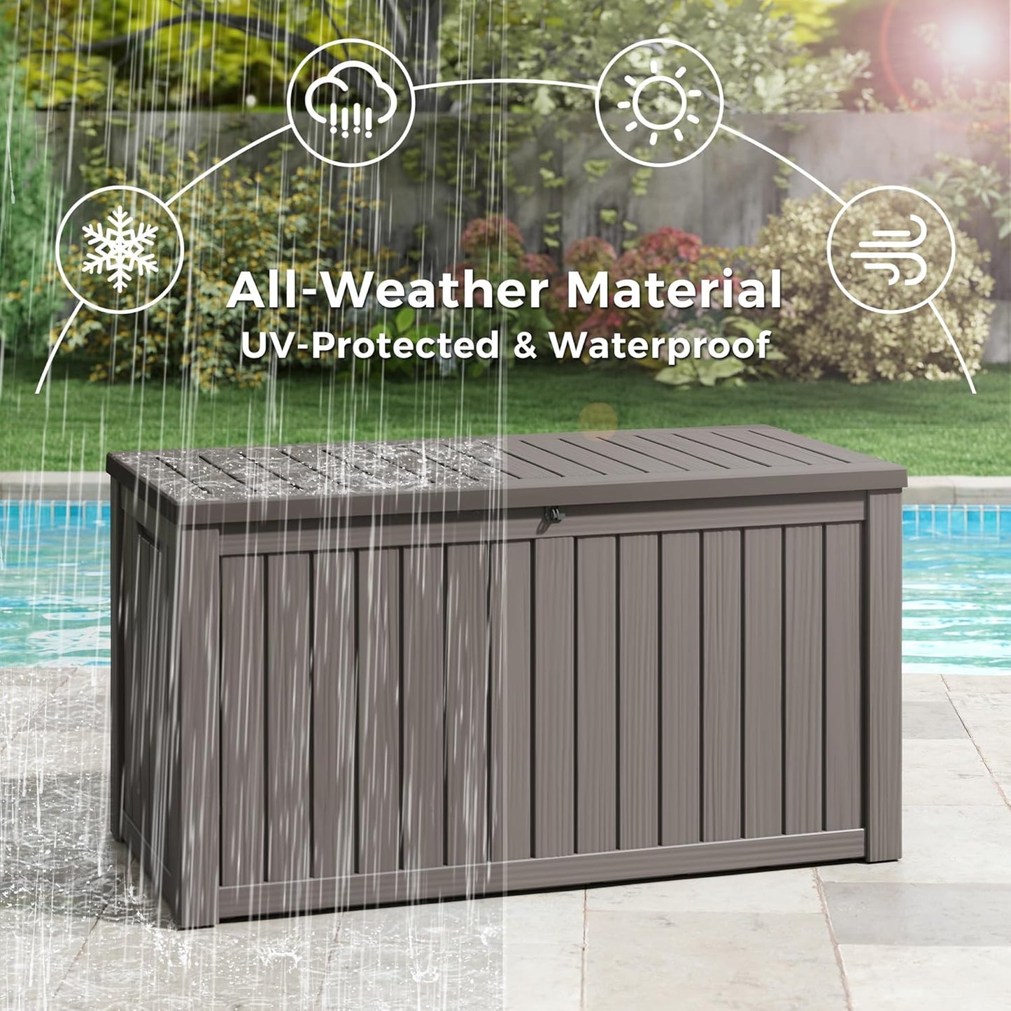Outdoor Storage Box, Resin Deck Boxes Indoor and outdoor, Waterproof Storage Box Lockable Lid (Grey, 150 Gallon)