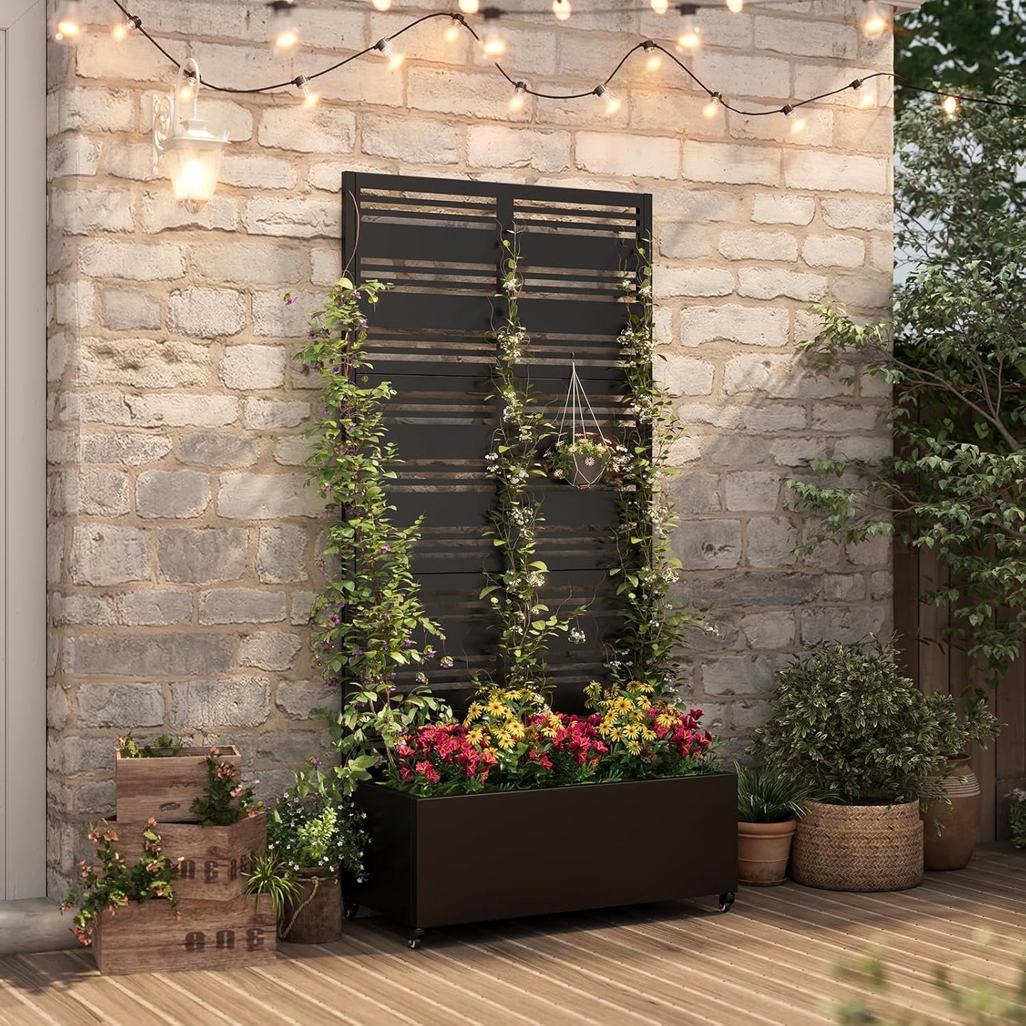 Metal Raised Garden Bed with Trellis & Wheels,72" x 35"x 15.7" Planter Box with Trellis,Privacy Planters for Patio,Garden Bed for Climbing Plants,Suitable for Climbing Plants and Vegetables,Black