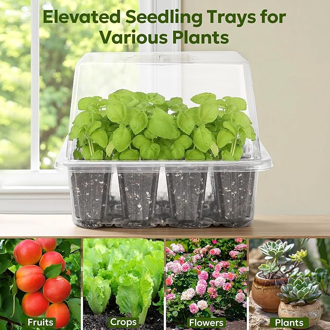 MIXC Seed Starter Kit with Grow Light, Elevated Seedling Tray Kit with Adjustable Humidity Dome and Clear Cell Tray, 12 Full Spectrum Led Beads for Seed Starting Greenhouse, 6 Pack, Transparent